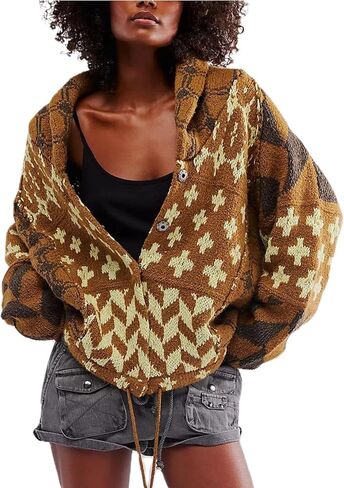 SKIKYAN Women Fall Sweater Cardigans Graphic Button Down Collar Knitwear Long Sleeve Oversized Y2K Print Coats in Kuwait