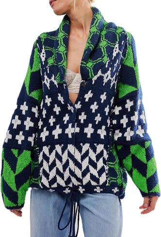 SKIKYAN Women Fall Sweater Cardigans Graphic Button Down Collar Knitwear Long Sleeve Oversized Y2K Print Coats in Kuwait