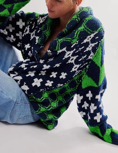 SKIKYAN Women Fall Sweater Cardigans Graphic Button Down Collar Knitwear Long Sleeve Oversized Y2K Print Coats in Kuwait