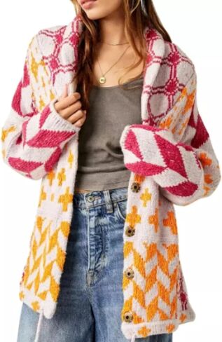 SKIKYAN Women Fall Sweater Cardigans Graphic Button Down Collar Knitwear Long Sleeve Oversized Y2K Print Coats in Kuwait