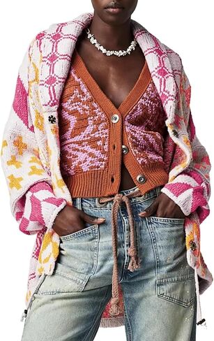 SKIKYAN Women Fall Sweater Cardigans Graphic Button Down Collar Knitwear Long Sleeve Oversized Y2K Print Coats in Kuwait