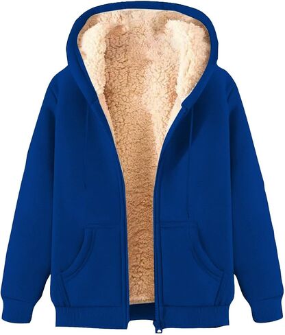 Fleece Jacket Women Zip Up Hoodie Sherpa Lined Jackets Casual Warm Oversized Sweatshirts Trendy Winter Coat Pockets in Saudi Arabia