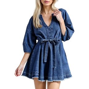 Womens Denim Dress Casual Jean Dress Loose Fit Slim Denim Dress Belt Denims Dresses for Women 2025 with Pocket in Kuwait