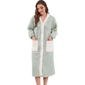 Womens Plush Robe, Soft Fluffy Bathrobe for Women Winter Button Warm Loungewear in Saudi Arabia