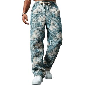 Men's Floral Jacquard Baggy Pants Retro Drawstring Waist Straight Leg Trousers with Pockets in Saudi Arabia