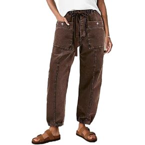 Flamingals Straight Leg Mid Waist Drawstring Solid Patch Pocket Crop Carrot Pants in Kuwait