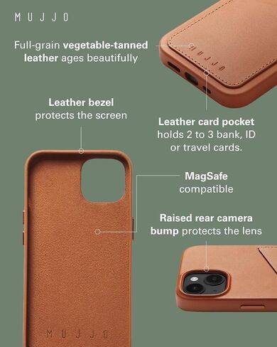 Mujjo Leather Wallet Phone Case - Fits iPhones 14 and 13 - MagSafe Compatible - Premium European Leather Case with Card Pocket - Enhanced Phone & Camera Lens Protection - Slim Profile in Saudi Arabia