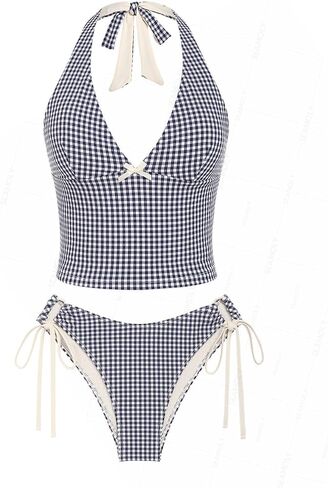 Vintage Gingham Halter Tank Top & Cinched Tie Side Tankini Set in Saudi Arabia