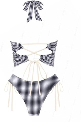 Vintage Gingham Halter Tank Top & Cinched Tie Side Tankini Set in Saudi Arabia