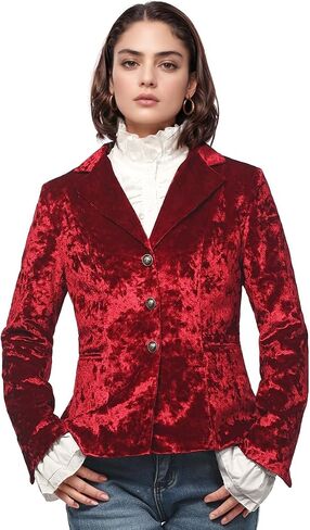 Women's Vintage Velvet Suit Jacket V-Neck Pocket Long Sleeves Dressy Coat Retro Casual Tops in Saudi Arabia