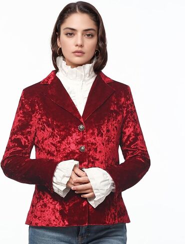 Women's Vintage Velvet Suit Jacket V-Neck Pocket Long Sleeves Dressy Coat Retro Casual Tops in Saudi Arabia