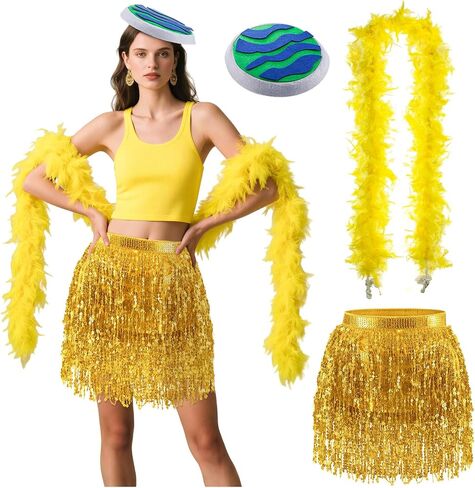 3 Pcs Halloween Yellow Bird Costume Accessories Include Hat, Yellow Feather Boa and Sequin Tassel Skirt for Halloween Cosplay Party in Saudi Arabia