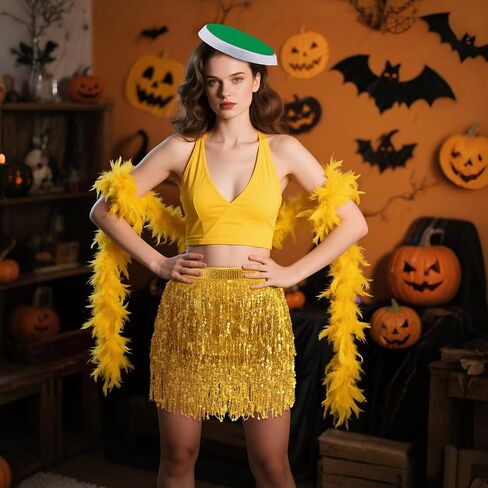 3 Pcs Halloween Yellow Bird Costume Accessories Include Hat, Yellow Feather Boa and Sequin Tassel Skirt for Halloween Cosplay Party in Saudi Arabia