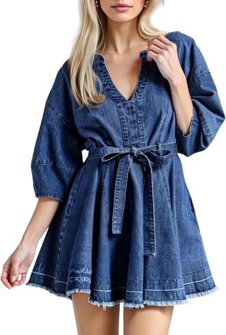 فستان جينز نسائي كاجوال فستان جينز فضفاض مناسب فستان دينم ضيق حزام فساتين الدينيم للنساء 2025 مع جيب in Kuwait