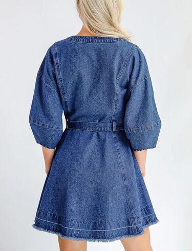 فستان جينز نسائي كاجوال فستان جينز فضفاض مناسب فستان دينم ضيق حزام فساتين الدينيم للنساء 2025 مع جيب in Kuwait