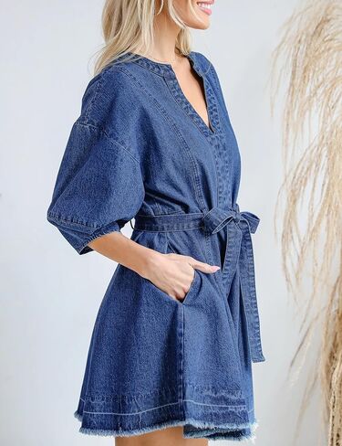 فستان جينز نسائي كاجوال فستان جينز فضفاض مناسب فستان دينم ضيق حزام فساتين الدينيم للنساء 2025 مع جيب in Kuwait