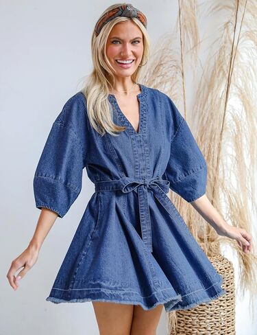 فستان جينز نسائي كاجوال فستان جينز فضفاض مناسب فستان دينم ضيق حزام فساتين الدينيم للنساء 2025 مع جيب in Kuwait