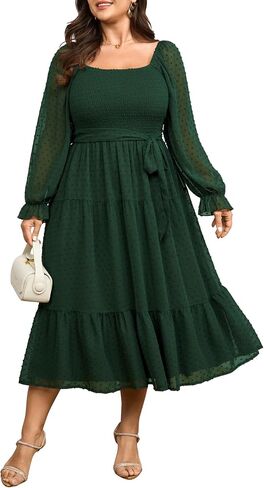 SCOMCHIC Women's Plus Size Dress Long Sleeve Square Neck Swiss Dot Chiffon Dress Smocked A Line Ruffle Fall Maxi Dresses in Saudi Arabia