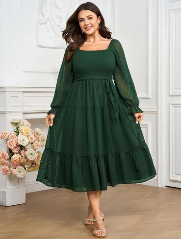 SCOMCHIC Women's Plus Size Dress Long Sleeve Square Neck Swiss Dot Chiffon Dress Smocked A Line Ruffle Fall Maxi Dresses in Saudi Arabia