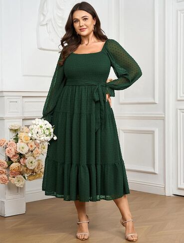 SCOMCHIC Women's Plus Size Dress Long Sleeve Square Neck Swiss Dot Chiffon Dress Smocked A Line Ruffle Fall Maxi Dresses in Saudi Arabia