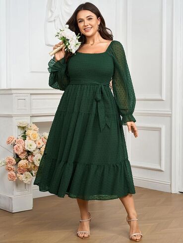 SCOMCHIC Women's Plus Size Dress Long Sleeve Square Neck Swiss Dot Chiffon Dress Smocked A Line Ruffle Fall Maxi Dresses in Saudi Arabia