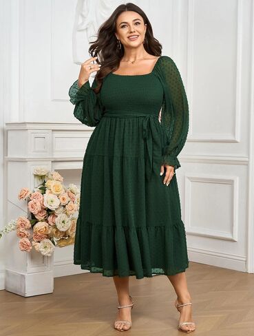 SCOMCHIC Women's Plus Size Dress Long Sleeve Square Neck Swiss Dot Chiffon Dress Smocked A Line Ruffle Fall Maxi Dresses in Saudi Arabia
