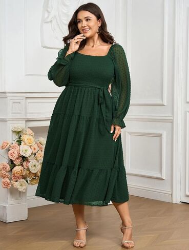 SCOMCHIC Women's Plus Size Dress Long Sleeve Square Neck Swiss Dot Chiffon Dress Smocked A Line Ruffle Fall Maxi Dresses in Saudi Arabia