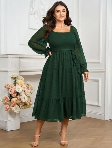 SCOMCHIC Women's Plus Size Dress Long Sleeve Square Neck Swiss Dot Chiffon Dress Smocked A Line Ruffle Fall Maxi Dresses in Saudi Arabia