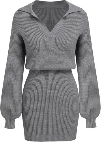 CIDER Womens Ribbed Knit Sweater Dress Long Sleeve V Neck Mini Cozy Dress Collared 2025 Fall Dresses in Saudi Arabia