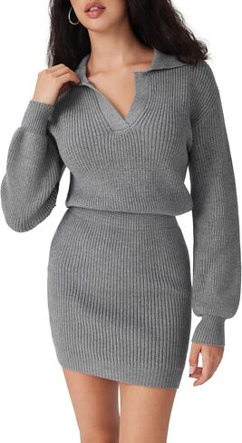 CIDER Womens Ribbed Knit Sweater Dress Long Sleeve V Neck Mini Cozy Dress Collared 2025 Fall Dresses in Saudi Arabia