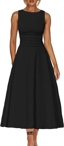 Kaximil Women's Boat Neck Sleeveless A Line Maxi Dress Ruffle Flowy Casual Long Dresses in Saudi Arabia