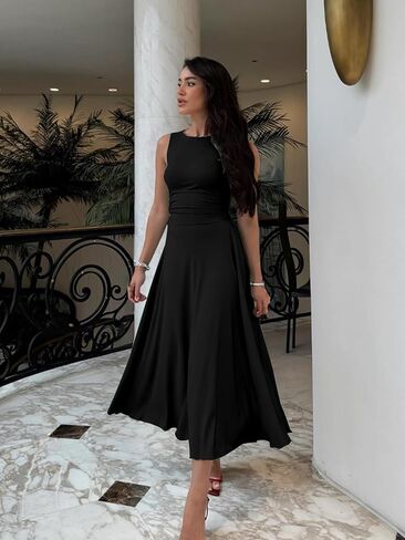 Kaximil Women's Boat Neck Sleeveless A Line Maxi Dress Ruffle Flowy Casual Long Dresses in Saudi Arabia