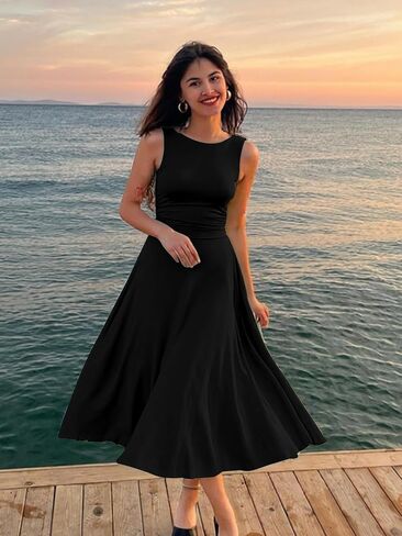 Kaximil Women's Boat Neck Sleeveless A Line Maxi Dress Ruffle Flowy Casual Long Dresses in Saudi Arabia