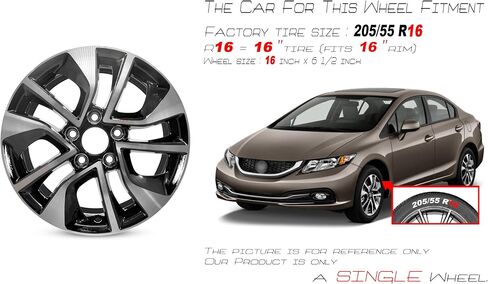 New Single 16" 16x6.5 Inch Alloy Wheel for 2013-2015 Honda Civic | OEM Design Replacement Rim | Machined Black | Direct Fit - OE Stock Specs | 64054 in Saudi Arabia