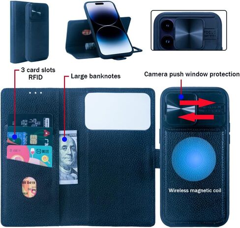 for iPhone 16 Pro Max Wallet Case - Magnetic Detachable with Card Slot & Camera Cover [Inner Case Compatible with MagSafe] Kickstand, RFID Blocking, Genuine Leather, Full Protection Flip Case (Black) in Saudi Arabia