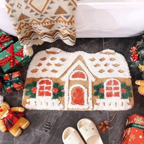 Christmas Gingerbread House Floor Rugs Christmas Bath Mat 23.6 x 15.7 Inch Fun Ginger Bread House Rug Winter Tufted Rug Non Slip Mat Cute Soft Absorbent Bathtub Rug Christmas Bath Decor in Saudi Arabia
