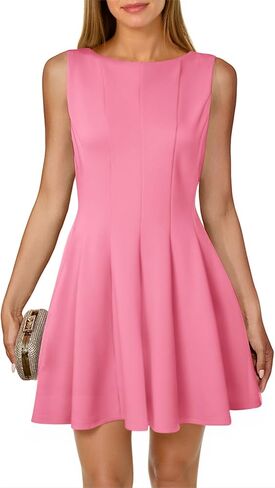 Yousify Womens Sleeveless Mini Dress Summer Boat Neck Pleated Party Club Flowy A Line Tank Dresses in Saudi Arabia