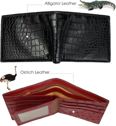 Mens Bifold Leather Wallets Black Red Alligator Ostrich Leather Passcase RFID Blocking Double Side Exotic Leather Billfold Security Luxury Handmade Multiple Pocket Holder in Saudi Arabia
