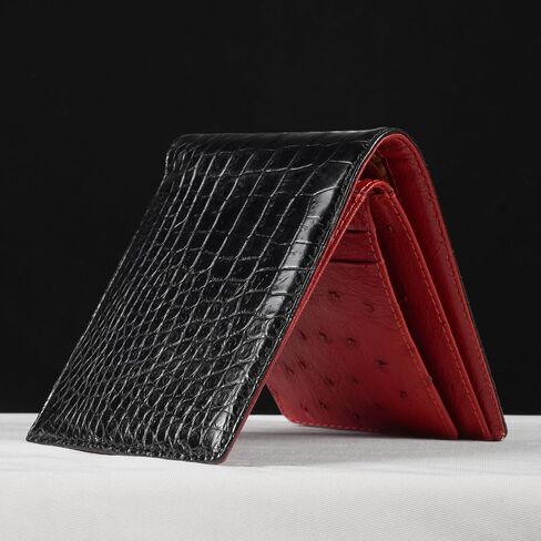 Mens Bifold Leather Wallets Black Red Alligator Ostrich Leather Passcase RFID Blocking Double Side Exotic Leather Billfold Security Luxury Handmade Multiple Pocket Holder in Saudi Arabia