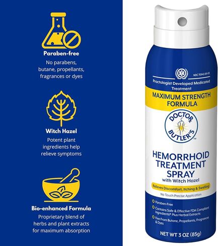 Doctor Butler's Hemorrhoid Spray - Hemorrhoid Treatment and Medicated Cleansing Solution with Witch Hazel and Aloe Vera to Help withDiscomfort, Itch Relief and Swelling* (3oz) in Kuwait