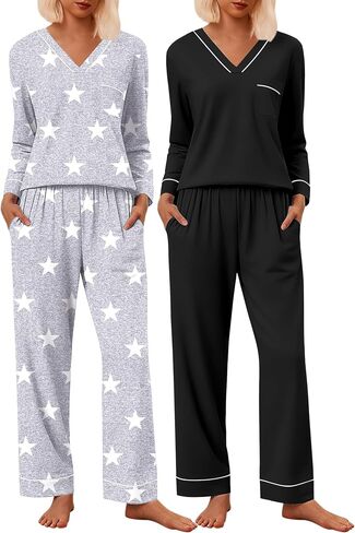 Ekouaer 2 Pack Women's Pajama Set Long Sleeve Sleepwear Loungewear V Neck Pjs Sets with Pockets S-XXL in Saudi Arabia