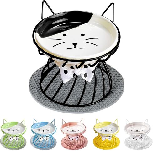 Raised Cat Bowl, Ceramic Cat Dish with Metal Stand, Whisker Fatigue Elevated Pet Water and Food Feeding Station for Indoor Cats, Puppies and Small Dogs, Dishwasher Safe in Saudi Arabia