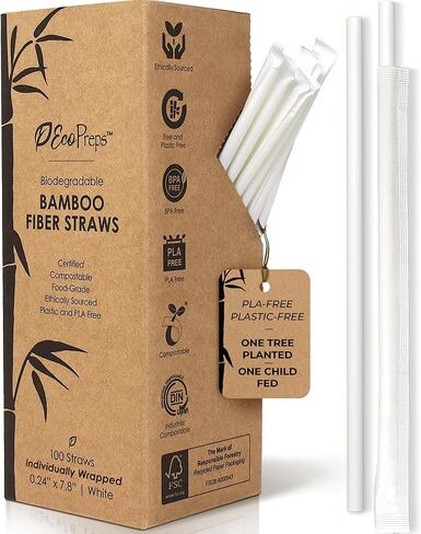 شفاطات من ألياف الخيزران قابلة للتحلل الحيوي، شفاطات ملفوفة بشكل فردي قابلة للتحلل | عدد 100، شفاطات شرب خالية من البلاستيك بنسبة 100% وصديقة للبيئة | شفاطات من الألياف النباتية مقاس 7.8 بوصة للاستعمال مرة واحدة، غلاف ورقي أبيض in Kuwait