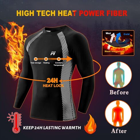Men's Thermal Compression Shirt Fleece Lined Long Sleeve Thermal Shirts Athletic Base Layer Top Cold Weather Gear Black in Saudi Arabia