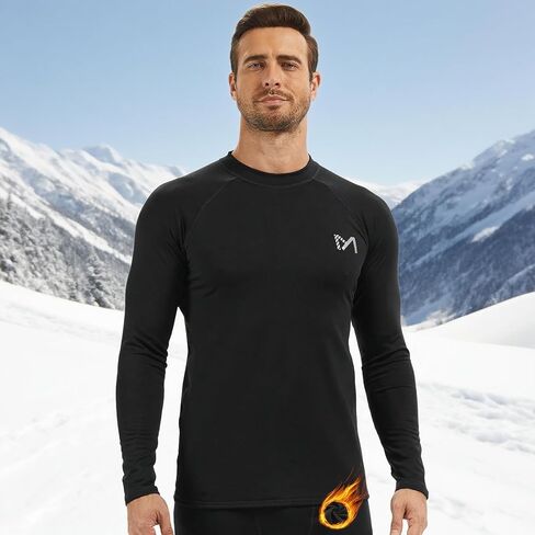 Mens Thermal Shirt Long Sleeve Fleece Lined Base Layer Lightweight Moisture Wicking Athletic Undershirt Black in Saudi Arabia