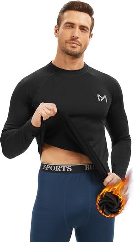 Mens Thermal Shirt Long Sleeve Fleece Lined Base Layer Lightweight Moisture Wicking Athletic Undershirt Black in Saudi Arabia