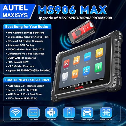 Autel MaxiSYS MS906MAX Scanner, 2025 MS906 MAX Up of MS906PRO MS906BT MK906 MP900BT MK900, ECU Coding, Bidirectional 3k+ Test, 40+ Service, All System Diagnostic, CAN FD DoIP, Auto Scan 2.0 VAG Guided in Saudi Arabia