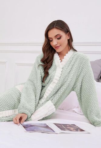 Womens Plush Robe, Soft Fluffy Bathrobe for Women Winter Button Warm Loungewear in Saudi Arabia
