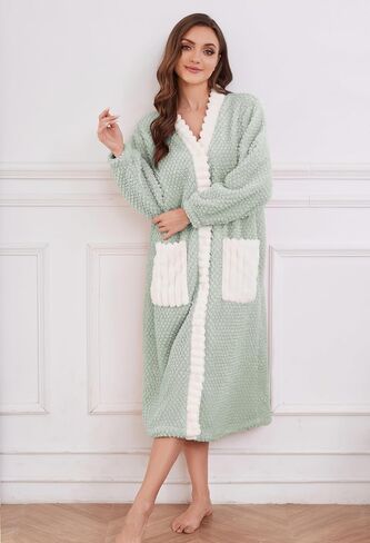 Womens Plush Robe, Soft Fluffy Bathrobe for Women Winter Button Warm Loungewear in Saudi Arabia