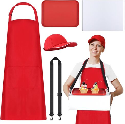 Halloween Supermarket Employee Costume for Adult Supermarket Waiter Costume Include Red Baseball Cap, Apron, Box, Shoulder Strap, Tray for Halloween Cosplay Cooking Crafting Drawing in Saudi Arabia
